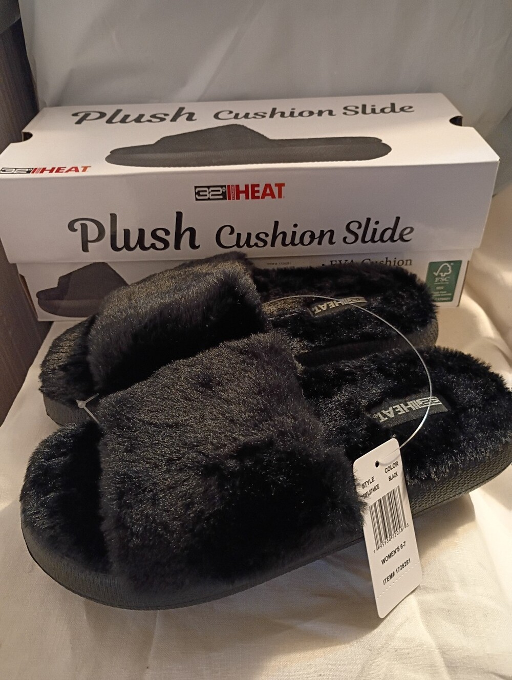 New! 32 Degrees Heat Women's Platflorm Faux Fur Slides Black Small(6-7)